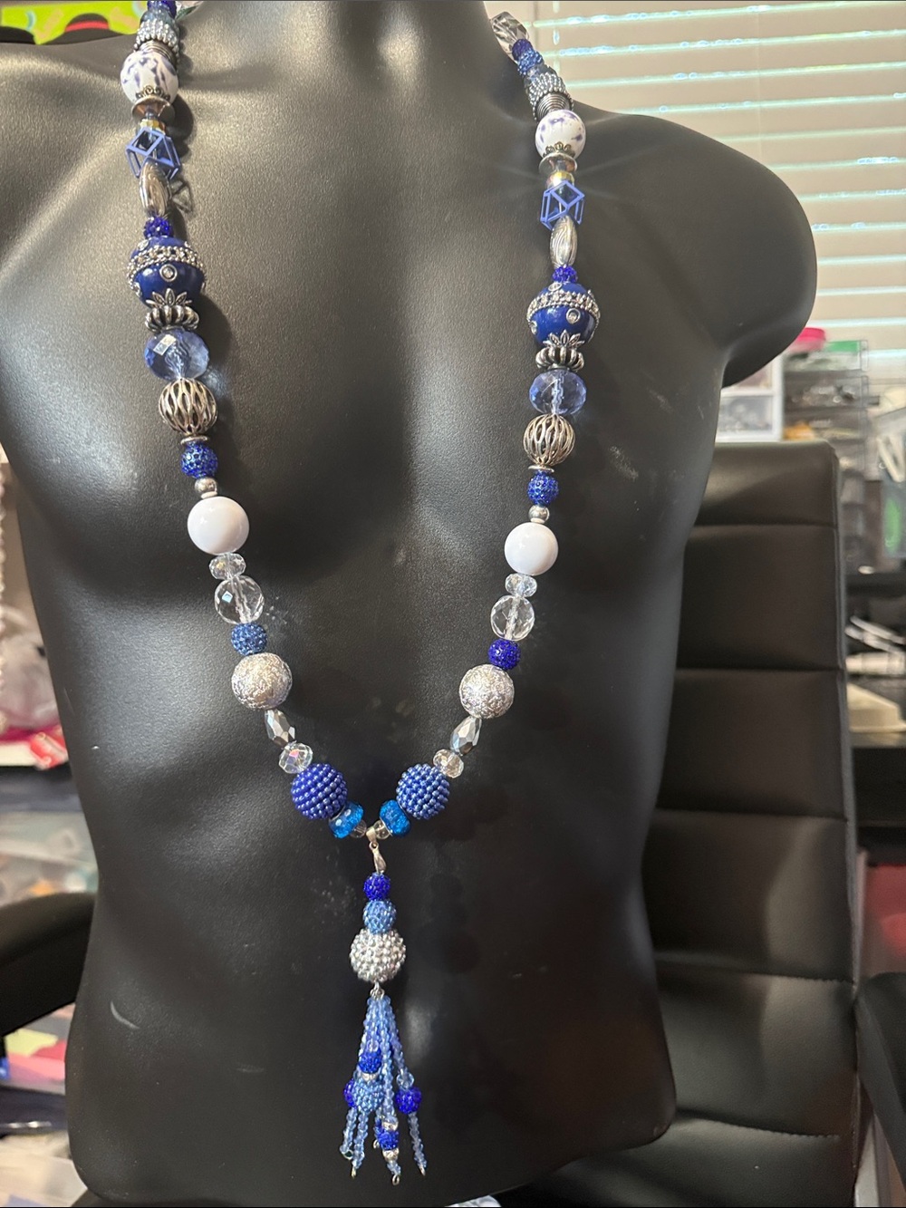 Handcrafted Blue and White Beaded Tassel Necklace
